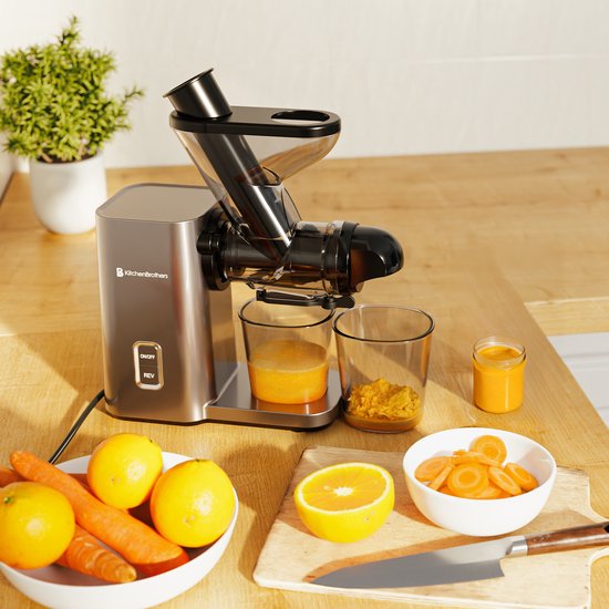 KitchenBrothers Slowjuicer - Mini presse-agrumes - Presse-légumes et fruits - Alimentation 40 mm et 50 mm - 400 ml - Gris