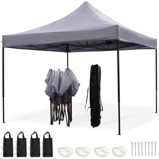 Tente de réception LifeGoods - Barnum- 3x3 m - Facile à monter - Pliable - Imperméable - Sac de transport à roulettes - Gris foncé