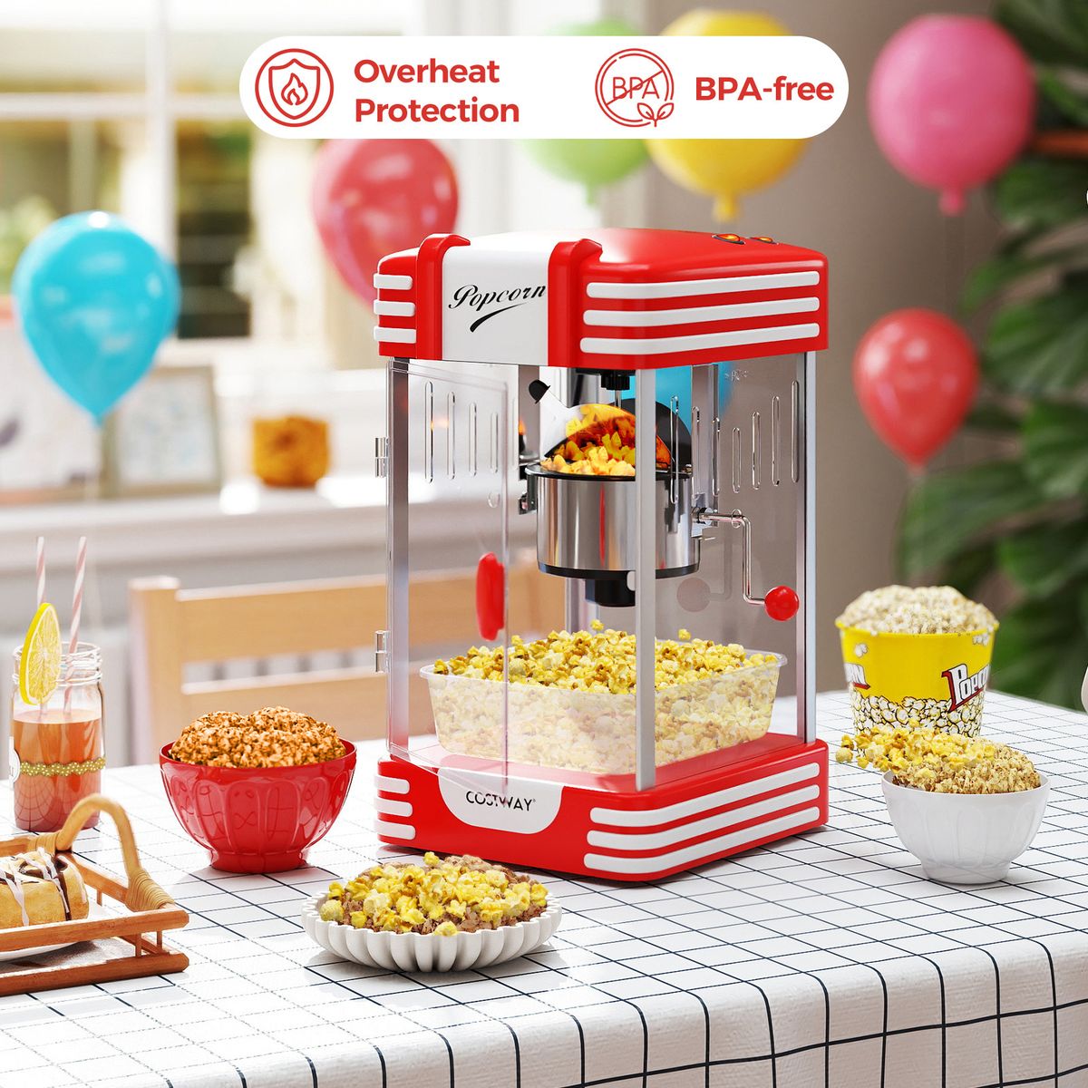 Machine à pop-corn Coast - style cinéma rétro - lampe chauffante - commande manuelle - rouge/blanc