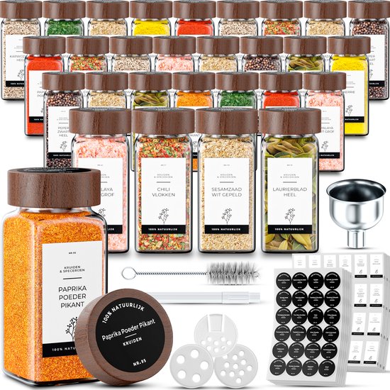 Pots à épices Organess - Lot de 28 - Verre - Acacia - 120 ml