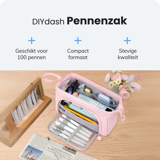 Diydash Trousse à crayons XL - Trousse à crayons - Trousse scolaire - Grande trousse - Fournitures scolaires - Trousse Scolaire - Pour filles, garçons et adultes - Rose