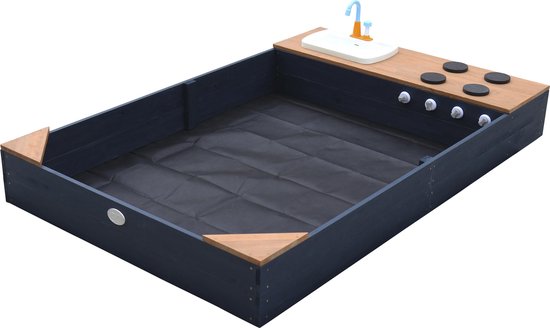 Bac à sable AXI Kelly avec cuisine jouet, anthracite/marron - Lavabo avec lot d'accessoires de 17 pièces - Bâche de protection et toile de sol incluses