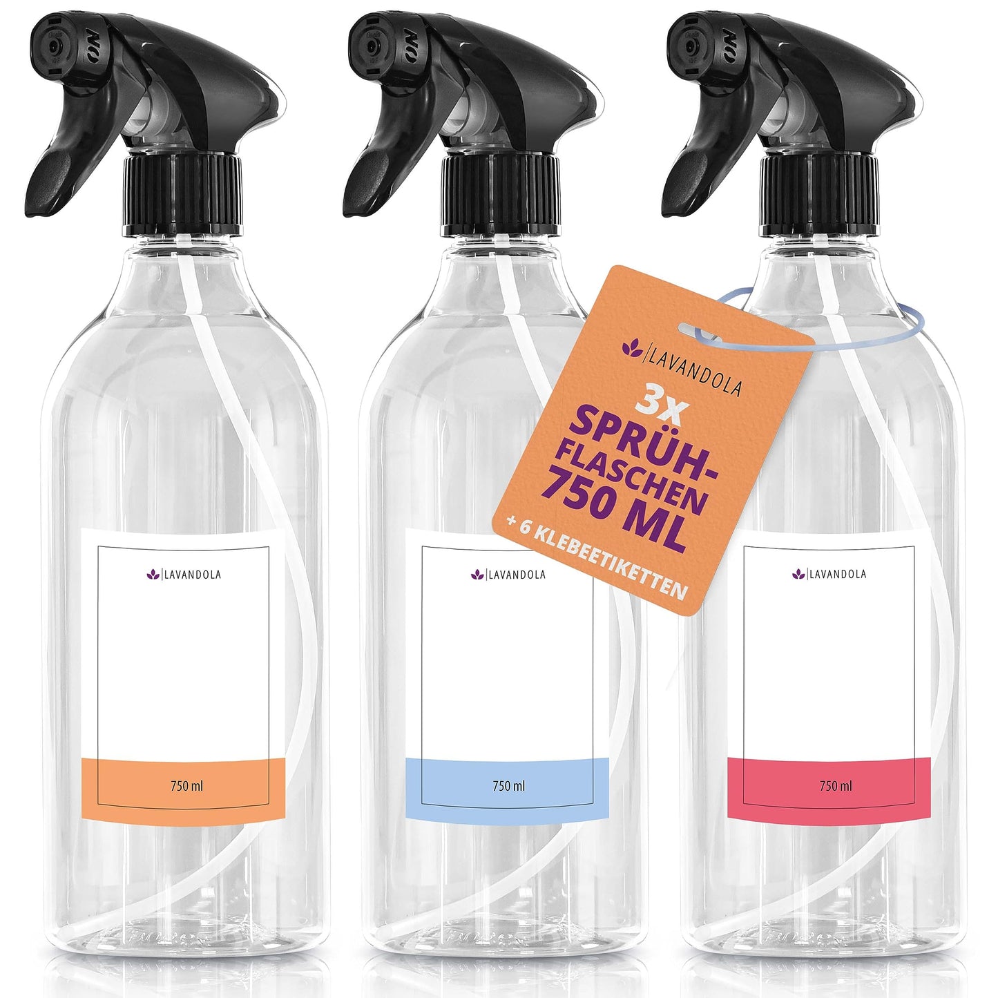 Lavandola LV-S-SF-750 - Lot de 3 vaporisateurs - 750 ml, PE transparent - Brume fine et étanche