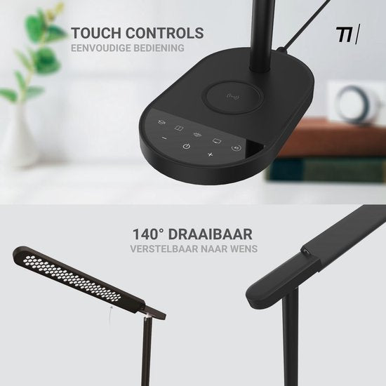 TIKKENS Lampe de bureau LED dimmable - Chargeur sans fil & chargeur USB - Chargeur sans fil - Blanc