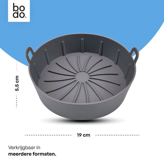 Bodo® Airfryer Accessories - Plateau pour friteuse en silicone - Panier pour friteuse - Plateau collecteur réutilisable - 19 cm - Convient à la friteuse Airfryer XL - Moule à pâtisserie - Gris - Friture - Papier à frire - Friteuse à air chaud - Plateaux j