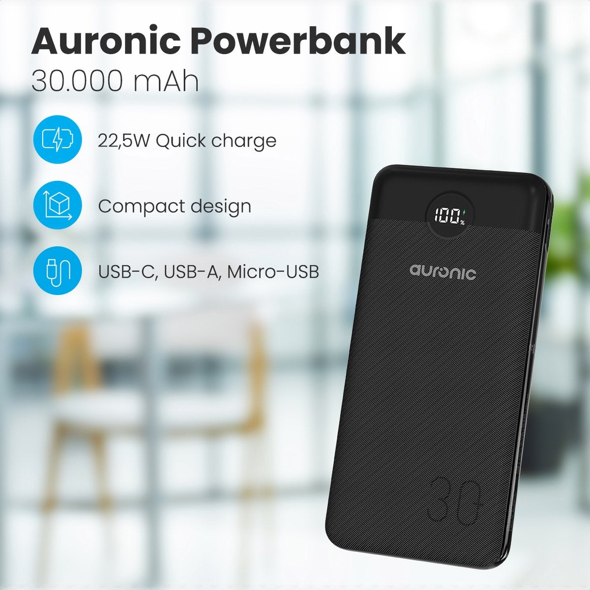 Batterie externe - Auronic - 30 000 mAh - 4 ports de charge - Charge rapide - USB/Micro-USB/USB-C - Noir