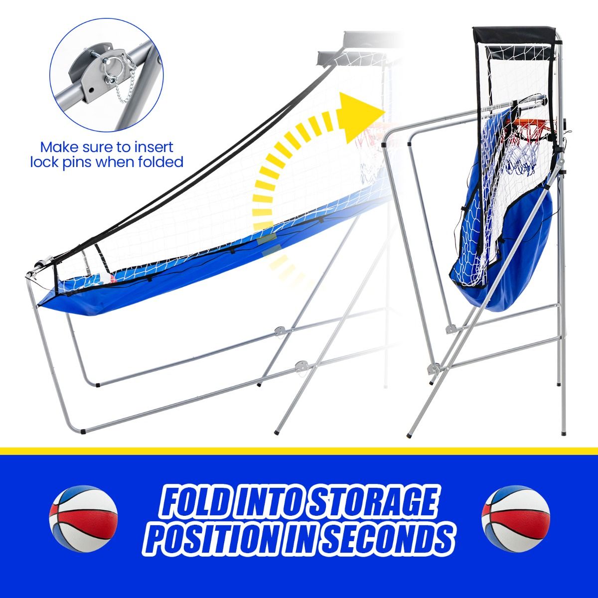 Cerceau de basket-ball pliable Coast - 206x110x206 cm - Bleu - 4 ballons + pompe gonflable + système de score électronique pour 1-4 joueurs