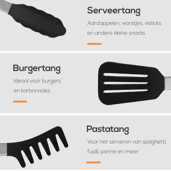 KitchenLove Pince à viande - Pince de cuisine - Lot de 3 - Pince à spaghetti - Pince à barbecue - Silicone - Noir