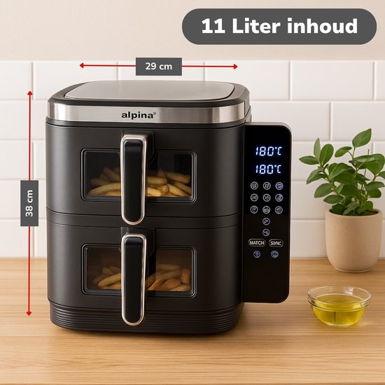 alpina Airfryer XXL - Double Friteuse 11L - Friteuse à air chaud 2 paniers - Doublement empilée pour 8 personnes - Ecran pliable - Fonction minuterie jusqu'à 60 minutes - Température 60-200°C - Noir