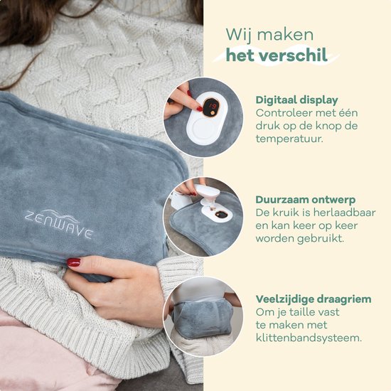 Bouillotte électrique Zenwave avec housse - Écran numérique - Bouillotte et bouillotte à eau avec chauffe-mains - Coussin chauffant rechargeable - Ceinture chauffante pour les règles - Durable et sans fil - Camping et plein air - Bouillotte grise