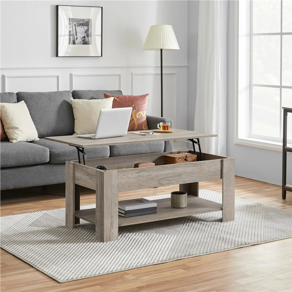Yaheetech Table Basse avec Fonction Lift-Top - Avec Rangement Caché, Etagère Inférieure Réglable et Mécanisme à Ressort - Pour Salon et Bureau - Mdf Gris et Métal - 120 x 59 x 49.5-63.5 cm