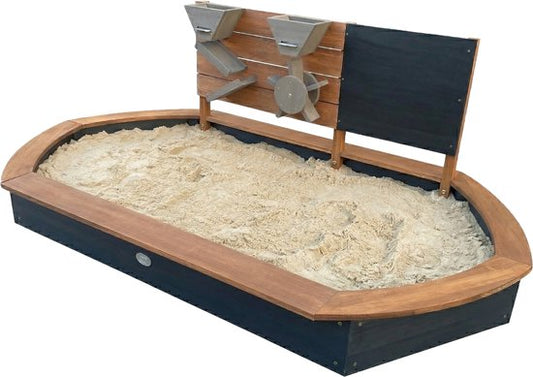 Bac à sable AXI Joey 158 x 91 x 57 cm Marron/anthracite – Avec mur de jeux et tableau à craie – Bac à sable ovale – Avec housse et tapis de sol – Bois de pruche 100 % certifié FSC