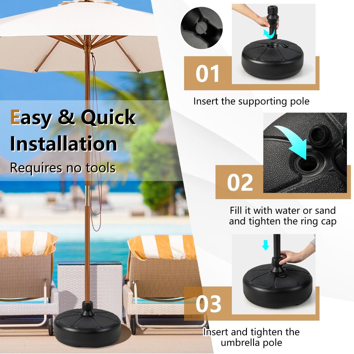 Base de parasol Coast Outdoor - Pour mâts de parasol Φ38mm - HDPE - 37 x 19 cm - Noir
