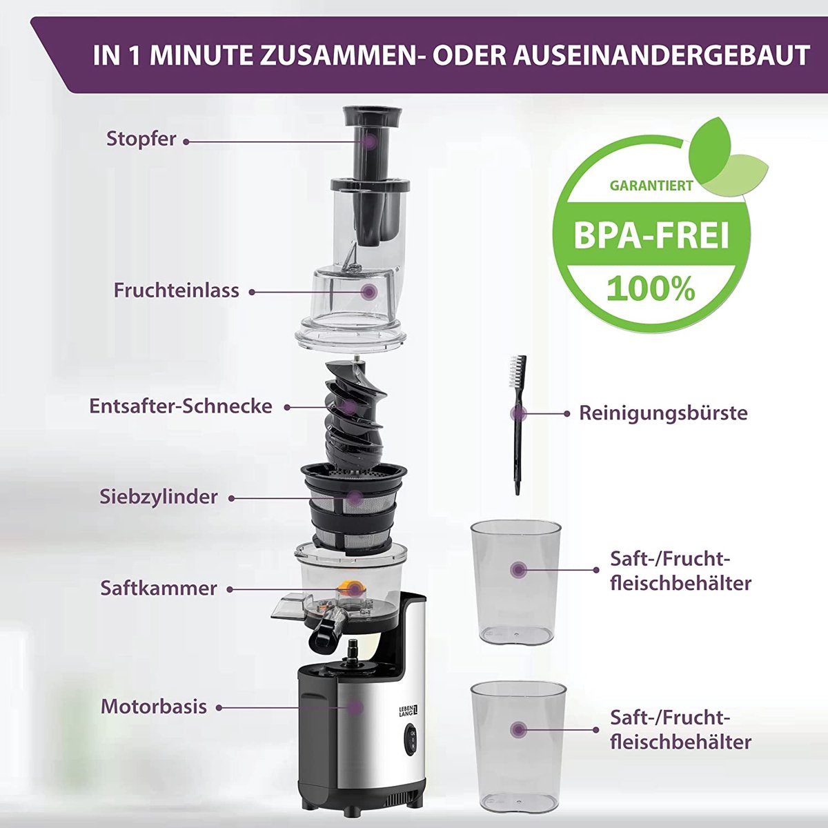 LEBENLANG Slow Juicer 45x35x25 cm - Gris - Presse-fruits et légumes sans BPA, presse-agrumes en céramique, presse-agrumes électrique pour céleri, carottes et smoothies