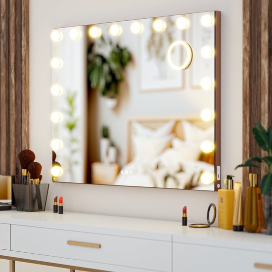 Mirlux Hollywood Mirror 80x60CM - 2 haut-parleurs Bluetooth - ports de charge USB et USB-C - éclairage LED - miroir de maquillage - zoom 10x - suspendu - or rose