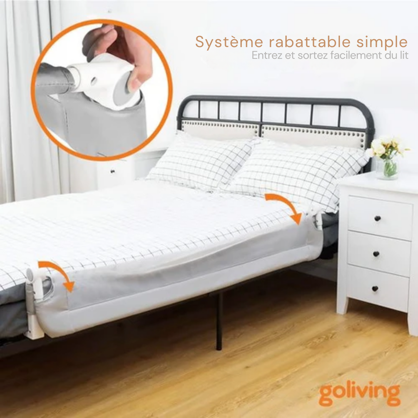 Barrière de lit pliable - Goliving - Max 27 kg - 120 x 45 x 42 cm - Gris