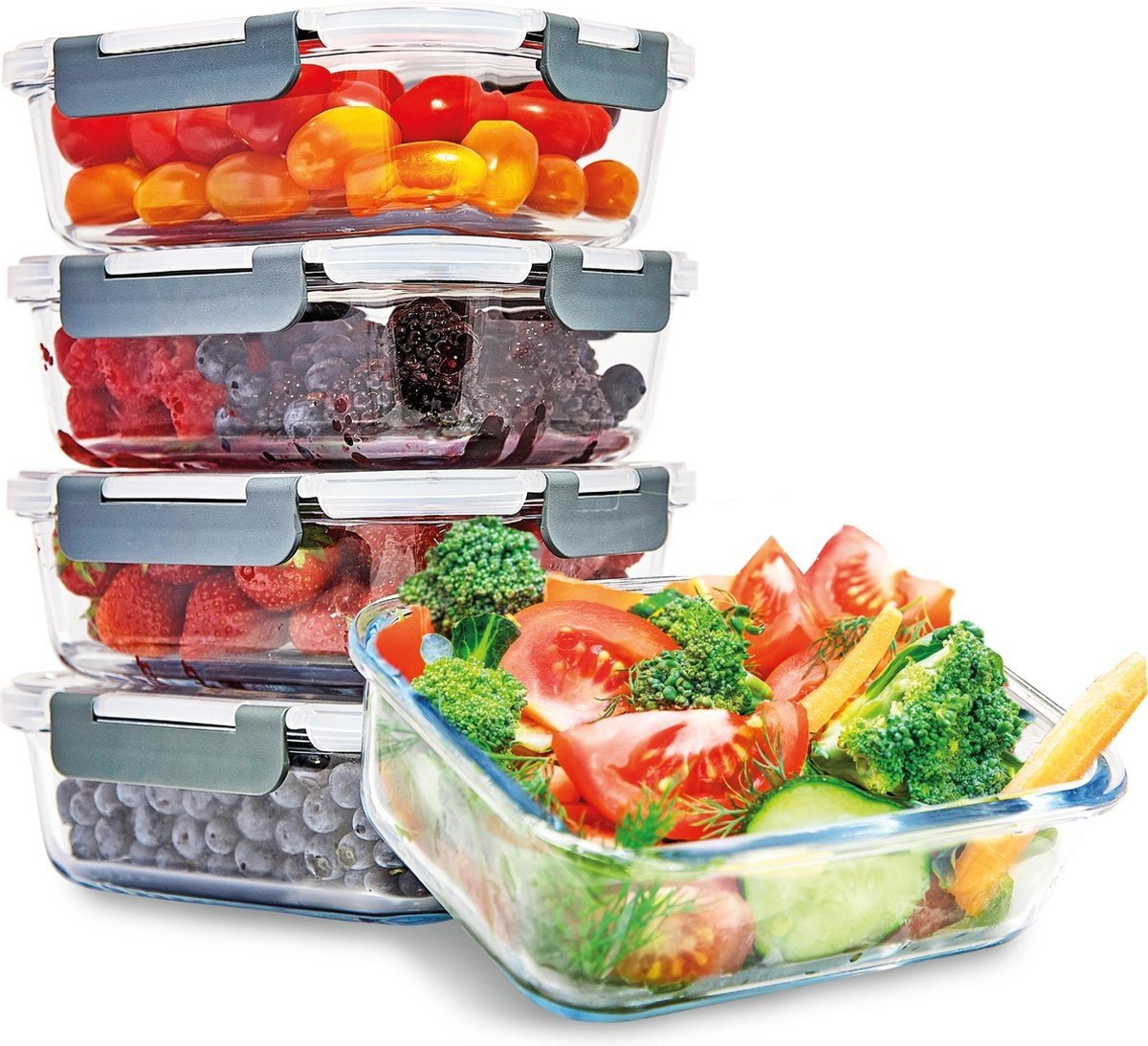 Boîtes repas en verre - KitchenBrothers - hermétique - sans BPA - 1L - 5 pièces
