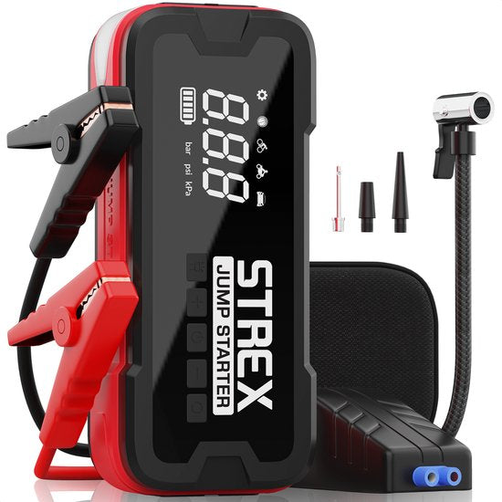 Strex 12V Jumpstarter for Car with Compressor - 4000A / 24,000 mAh - 5-in-1 Starting Aid with Compressor, Powerbank, LED Flashlight and SOS Emergency Light - Incl. Hardcover