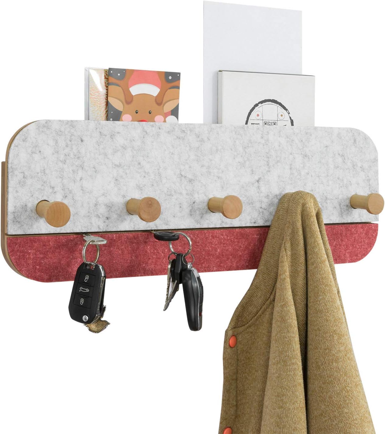 Porte-manteau mural SoBuy FHK16-R – 5 crochets – Bambou et feutre – 55 x 3 x 19 cm – Rouge