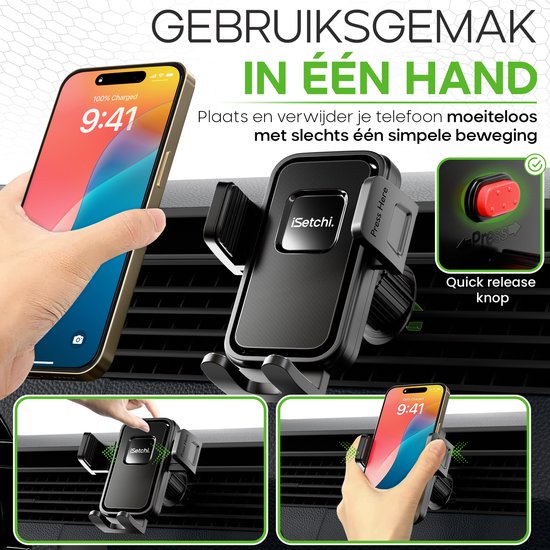 iSetchi FlexMount - Support de téléphone pour voiture - Grille de ventilation - Support de téléphone portable - Accessoires de voiture - Support universel - Design extensible - Noir