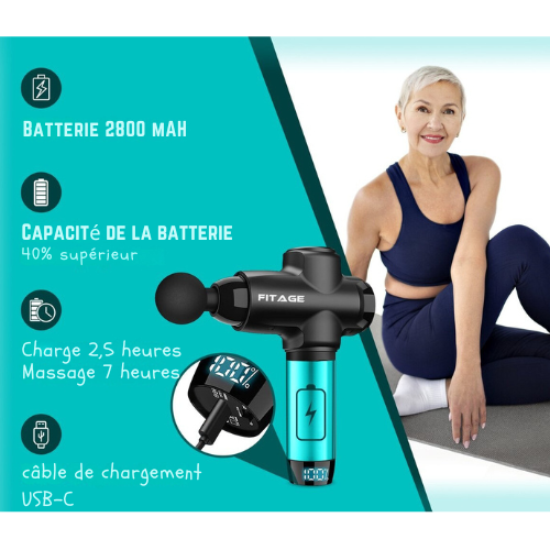 Pistolet de massage professionnel - FITAGE - 12 embouts - Appareil de massage - 30 niveaux d'intensité