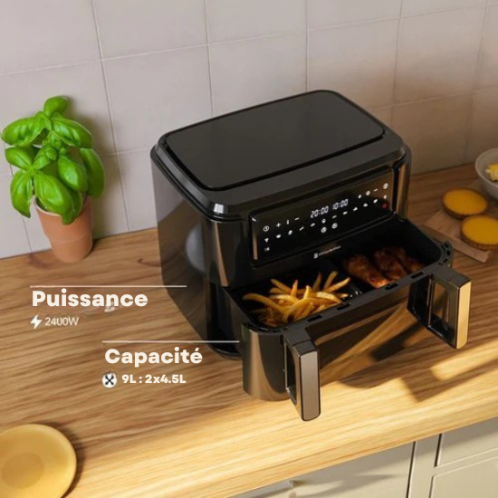 Airfryer XXL - KitchenBrothers - 9L - 2400W - Séparateur Snack - 10 Programmes de cuisson - 50ºC à 200ºC - Noir