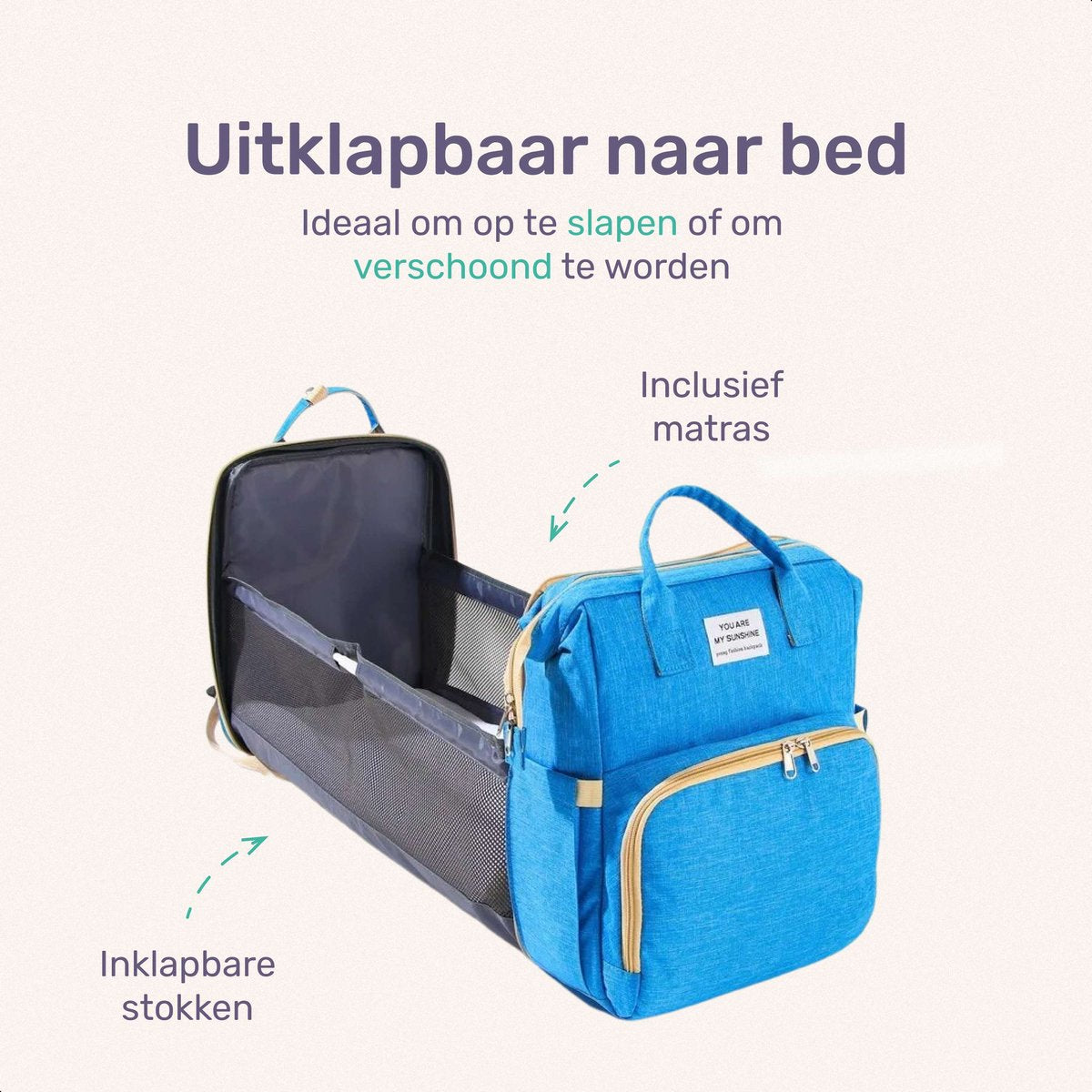 Sac à langer Qwali transformable en lit - 7 porte-biberons - Bleu-gris