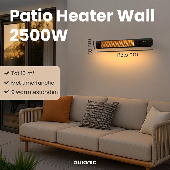 Auronic Terrace Heater - Chauffage infrarouge - Ecran tactile - 15m2 - Electrique - 2500W - Télécommande - 9 niveaux - Noir