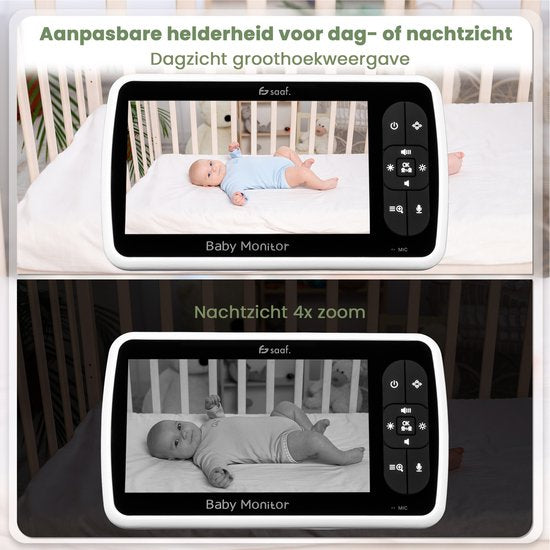 Babyphone Saaf - Caméra et moniteur inclus - Contrôlable/inclinable - Fonction de conversation - Écran 5 pouces