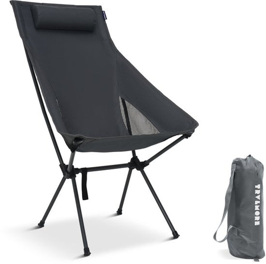 TRVLMORE Chaise de camping - pliable - capacité de charge de 120KG - sac de transport inclus - chaise pliante - chaise de pêche - chaise de camping - chaise pliante - gris