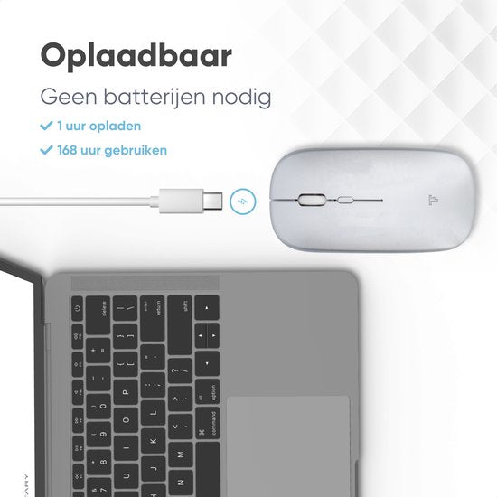 Souris sans fil Trendfield - Souris d'ordinateur rechargeable - Bluetooth - Souris ergonomique avec clic silencieux - Convient à tous les ordinateurs portables - Argent