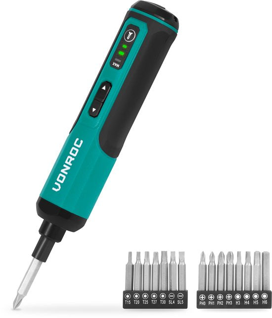 VONROC Tournevis électrique 4V - Jeu d'embouts 15 pièces et câble USB-C inclus