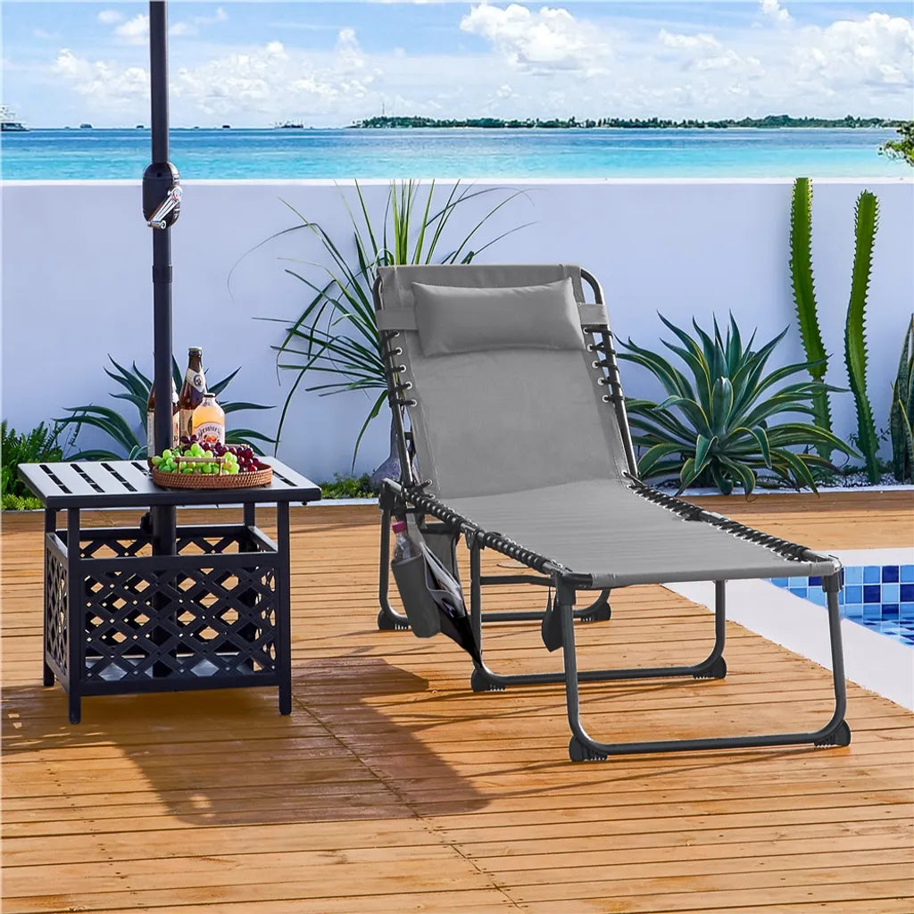 Chaise longue pliable Yaheetech 189 cm - Grise - Chaise longue de plage réglable avec oreiller et compartiment de rangement