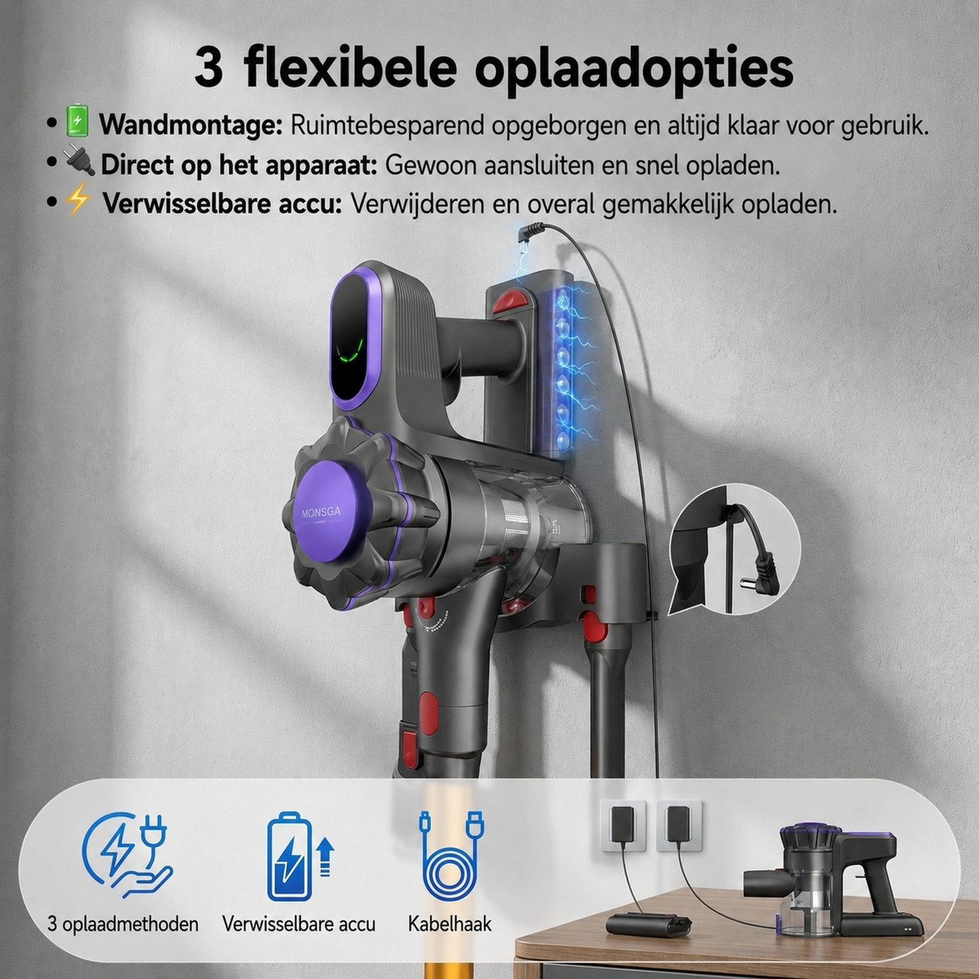Aspirateur balai sans fil Monsga ME03 - 550 W - 55 kPa - Autonomie de 55 min - 1,2 kg - Brosse anti-enchevêtrement - Batterie amovible - Voyant lumineux vert