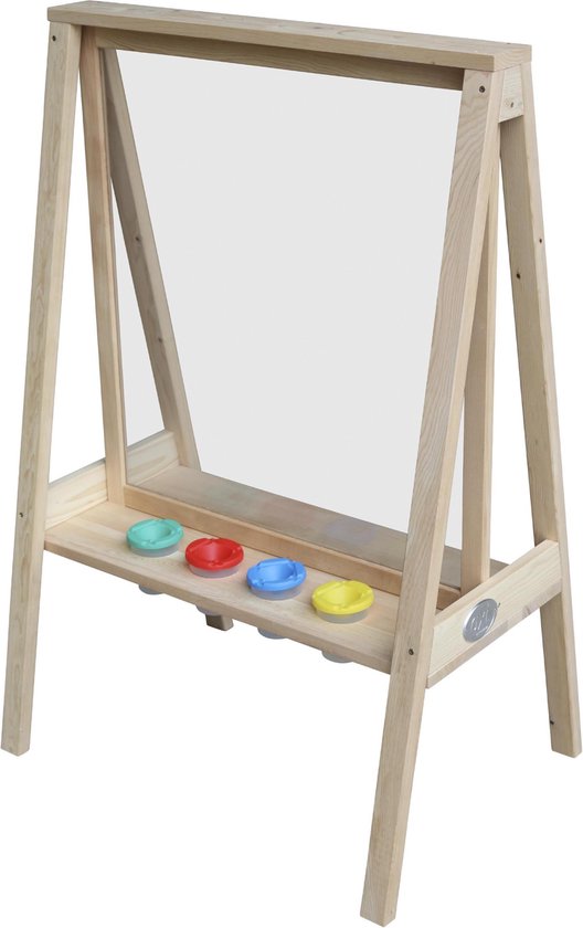 Chevalet AXI Eric en bois, couleur brun naturel - Table de peinture pour enfants, pour l'intérieur et l'extérieur, avec toile en plexiglas et 4 pots de peinture - 50 x 70 x 105 cm