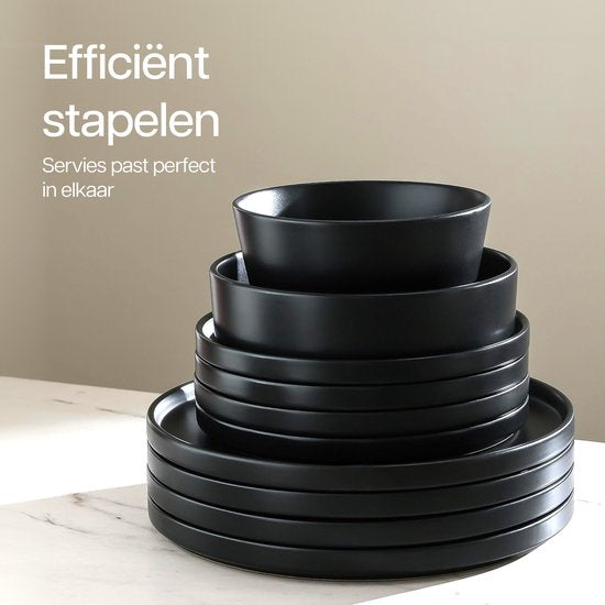 Deleca Service de table 6 personnes - Bols, Coupes / Assiettes - Faïence solide - Noir mat / 24 pièces