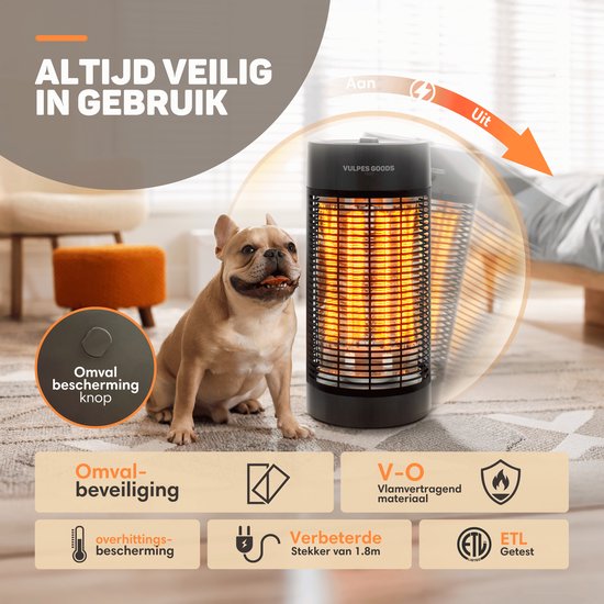 Vulpes Goods® Tech - Chauffage infrarouge - Réchaud électrique - Réchaud infrarouge - Chauffage d'appoint intérieur et extérieur - 1200W - Rotation 120°/360° - 2 niveaux de chaleur - Compact et portable - Silencieux - Résistant à l'eau IPX4 - Noir