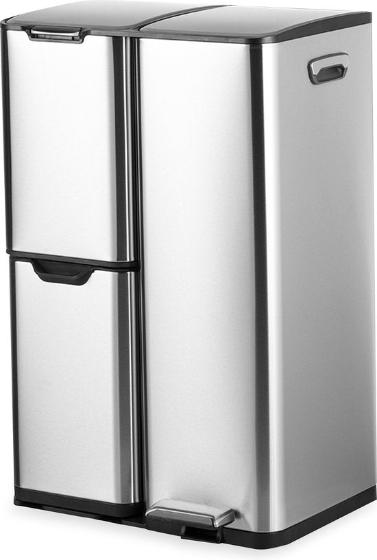 Bayt Poubelle - Poubelle 60 litres - Poubelle 60 litres - Poubelle à pédale 60 litres - Poubelle tri sélectif - Poubelle 3 compartiments - Poubelle - inox - Silver