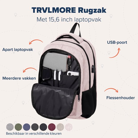 TRVLMORE Sac à dos à vie - Sac à dos avec compartiment pour ordinateur portable de 15,6 pouces - Cartable - Résistant aux éclaboussures - Hommes et femmes - Garçons et filles - 28L - Rose