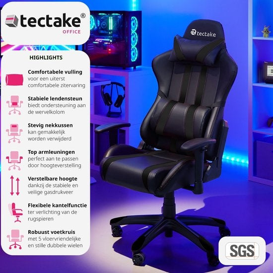 tectake® - bureaustoel gamingchair - luxe burostoel kantoorstoel - racingstoel burostoel gamestoel - zwart - kunstleer - verstelbaar - incl. rug- en nekkussen