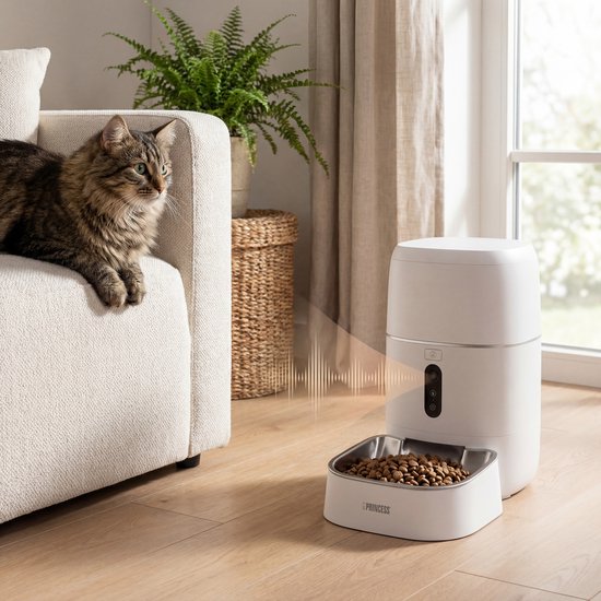 Mangeoire automatique Princess - Caméra HD et fonction intelligente - 6 litres – Chat et chien – Commande via application – Repas programmables – Bol en acier inoxydable – Batterie de secours – Distributeur automatique de nourriture – 610065