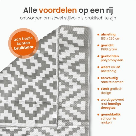 Goliving Tapis d'extérieur Summer Diamond - Tapis de jardin - Tapis d'extérieur - Tapis - Tapis de jardin - Réversible - Sac de transport inclus - 183 x 290 cm - Gris/Blanc