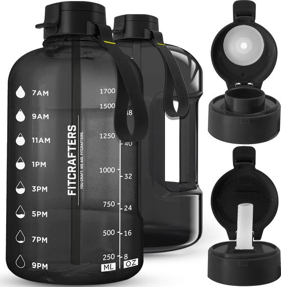 Bouteille d'eau Fitcrafters avec marqueurs de temps - Bouteille de motivation - 2L - Sans BPA - Noir