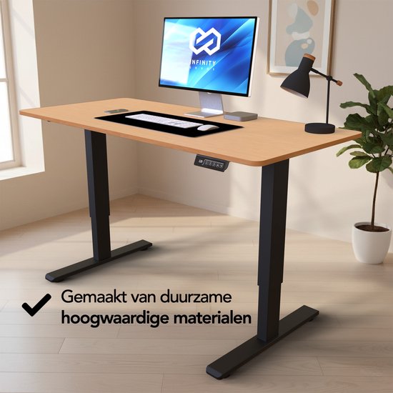 Bureau assis-debout Infinity Goods à réglage électrique - 140 x 60 cm - Fonction mémoire - Couleur bois