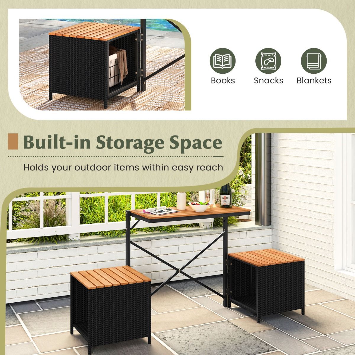 Coast : banc de jardin et table de pique-nique 2-en-1 - meuble de balcon modulable - avec espace de rangement - noir/naturel