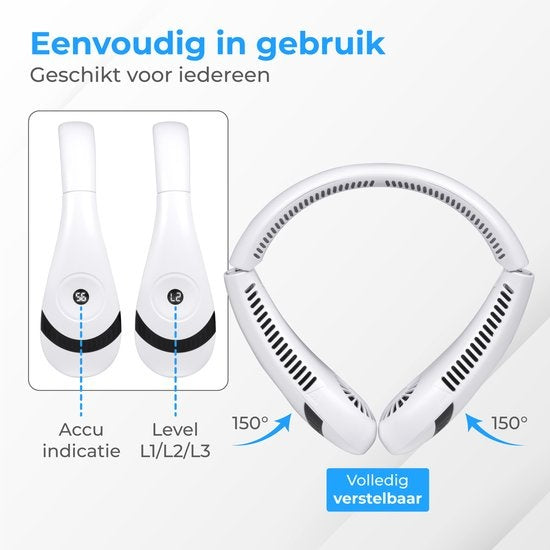 Nuvance - Ventilateur de nuque - Ventilateur de nuque - 3 niveaux - Ventilateur de nuque rechargeable - Ventilateur de visage - Ventilateur de nuque