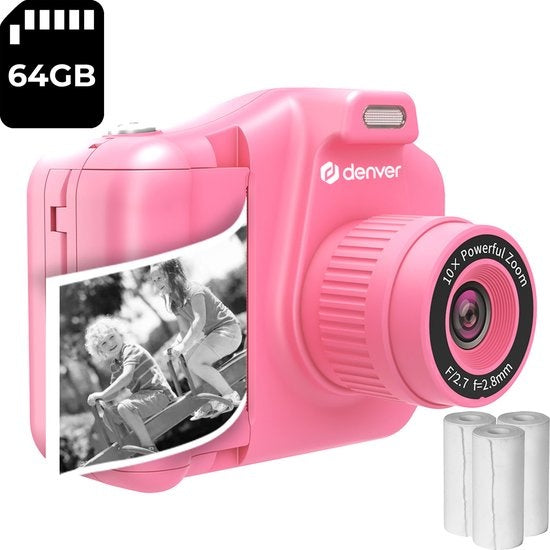 Denver Kids' Camera Full HD with Printer - Selfie Camera - 48MP - Digital Camera Kids - Photo and Video - Games - KPC1370 - Pink