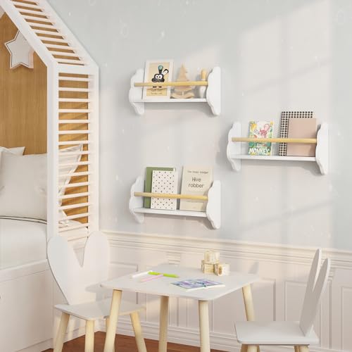 Woltu Bibliothèque Enfant Etagère murale en forme de nuage - MDF et Pin Blanc - 3 Etagères 45x12.7x23 cm