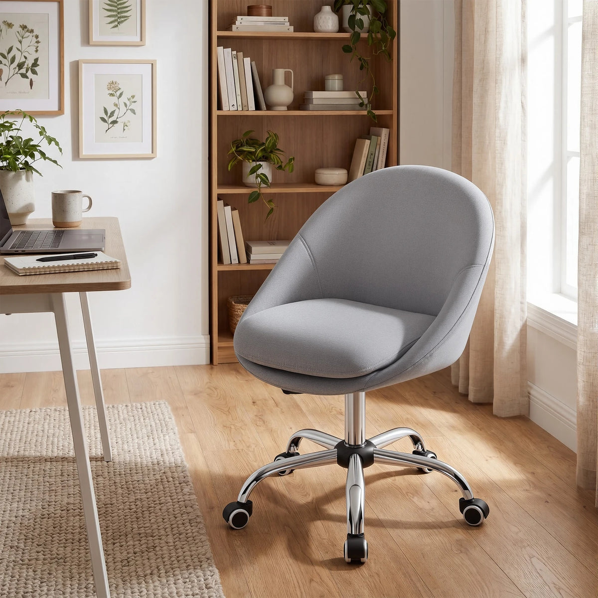 Chaise de bureau Ochama - Grise - Mélange coton-lin - Réglable en hauteur - Pivotante avec roulettes - 60 x 60 x 80-90 cm