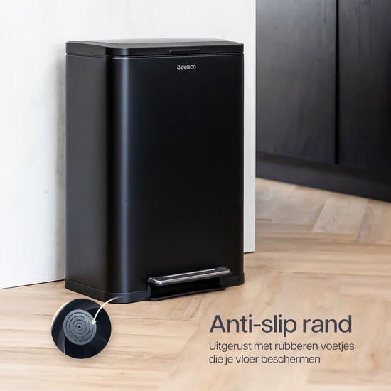 Deleca Trashcan Prestige - 50 Litres - Large - Poubelle / Corbeille à papier / Poubelle à pédale en acier inoxydable - Avec pédale et fermeture lente - Noir mat